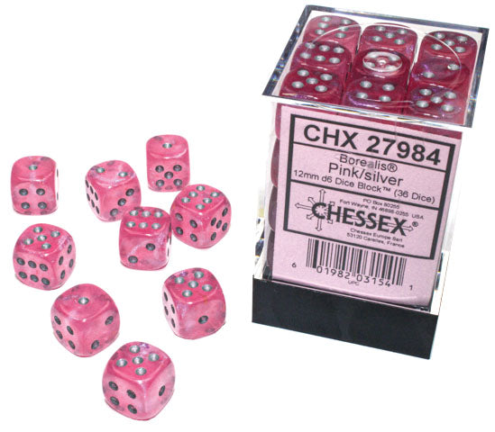Borealis: 12mm d6 Pink/silver Luminary Dice Block (36 dice) 27984 | D20 Games