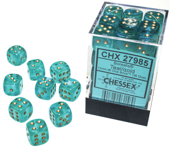 Chessex - Borealis Teal + Gold Luminary 12mm D6 Dice Block