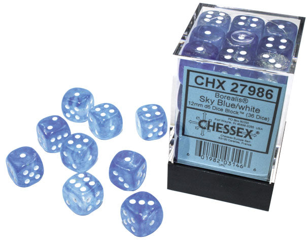 Borealis: 12mm d6 Sky Blue/white Luminary Dice Block (36 dice) 27986 | D20 Games