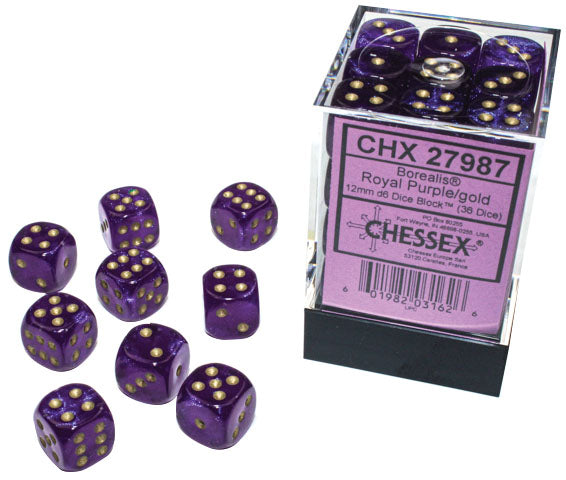 Chessex - Borealis Royal Purple + Gold Luminary 12mm D6 Dice Block | D20 Games