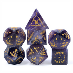 Amethyst With Embellishment- Gemstone Engraved With Gold Dice Set | D20 Games