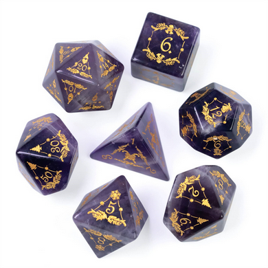 Amethyst With Embellishment- Gemstone Engraved With Gold Dice Set