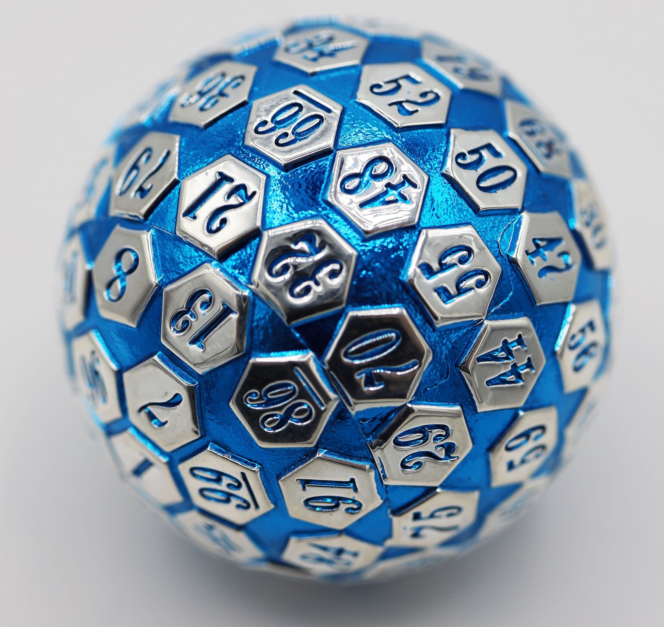 45mm Metal D100 - Blue and Silver Metal Dice Foam Brain Games | D20 Games