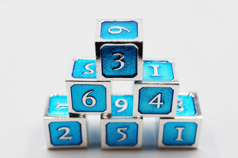 Blue and Silver D6 Metal Dice Set Metal Dice Foam Brain Games