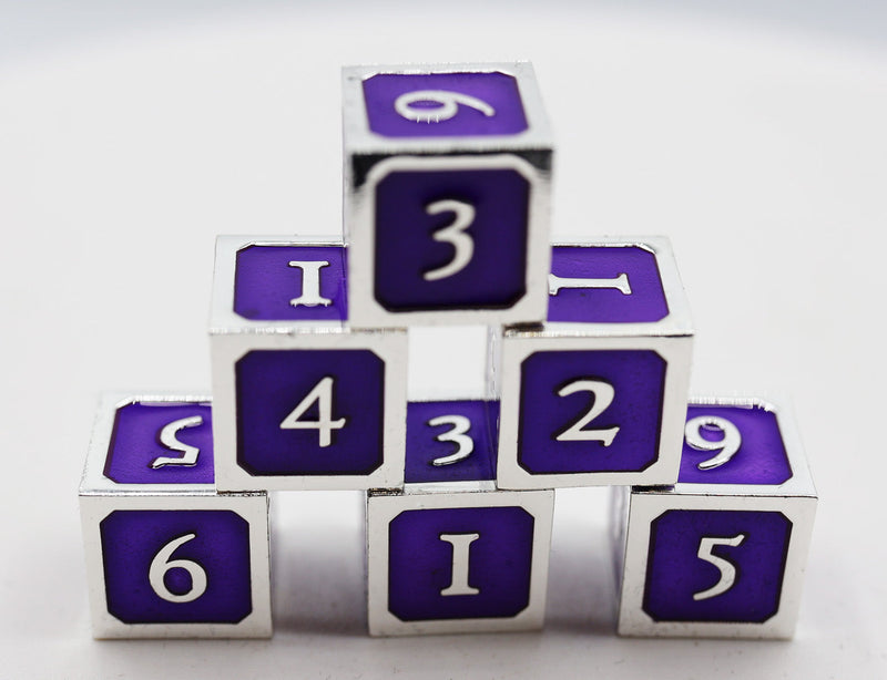 Purple and Silver D6 Metal Dice Set Metal Dice Foam Brain Games