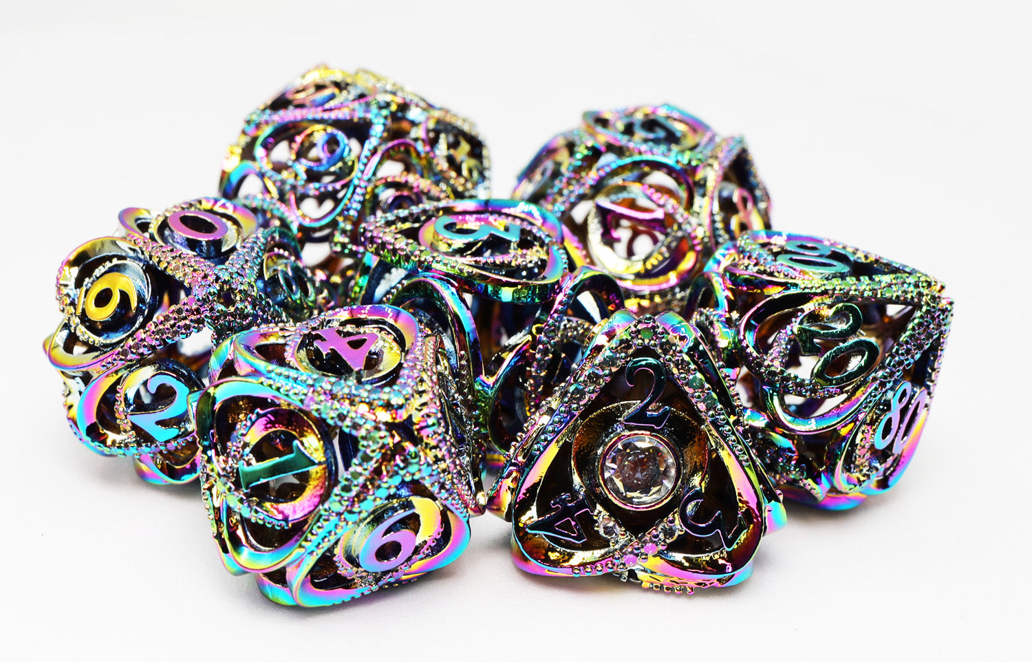 Burnt Opal Jeweled Hollow Hearts RPG Metal Dice Set Metal Dice Foam Brain Games | D20 Games