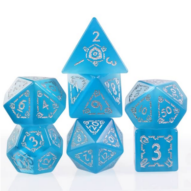 Cat's Eye Blue with Glyphs - Gemstone Engraved with Silver Stone Dice Foam Brain Games