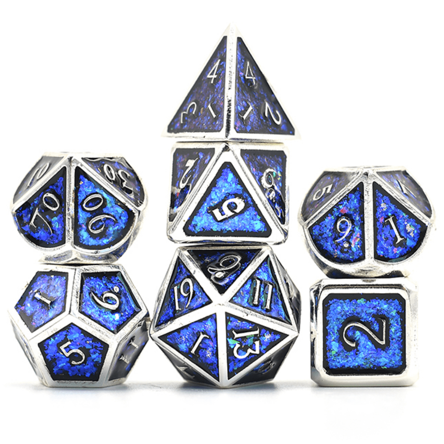Electric Blue RPG Dice Set Metal Dice Foam Brain Games | D20 Games