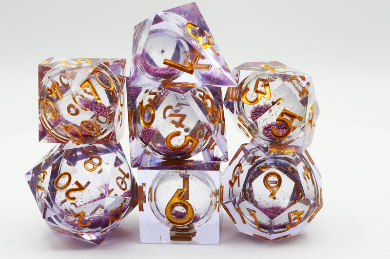 Purple Liquid Core Sharp Edge Resin RPG Dice Set Plastic Dice Foam Brain Games