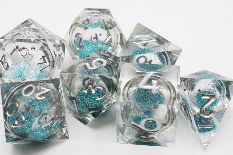 Sky Blue Liquid Core Sharp Edge Resin RPG Dice Set