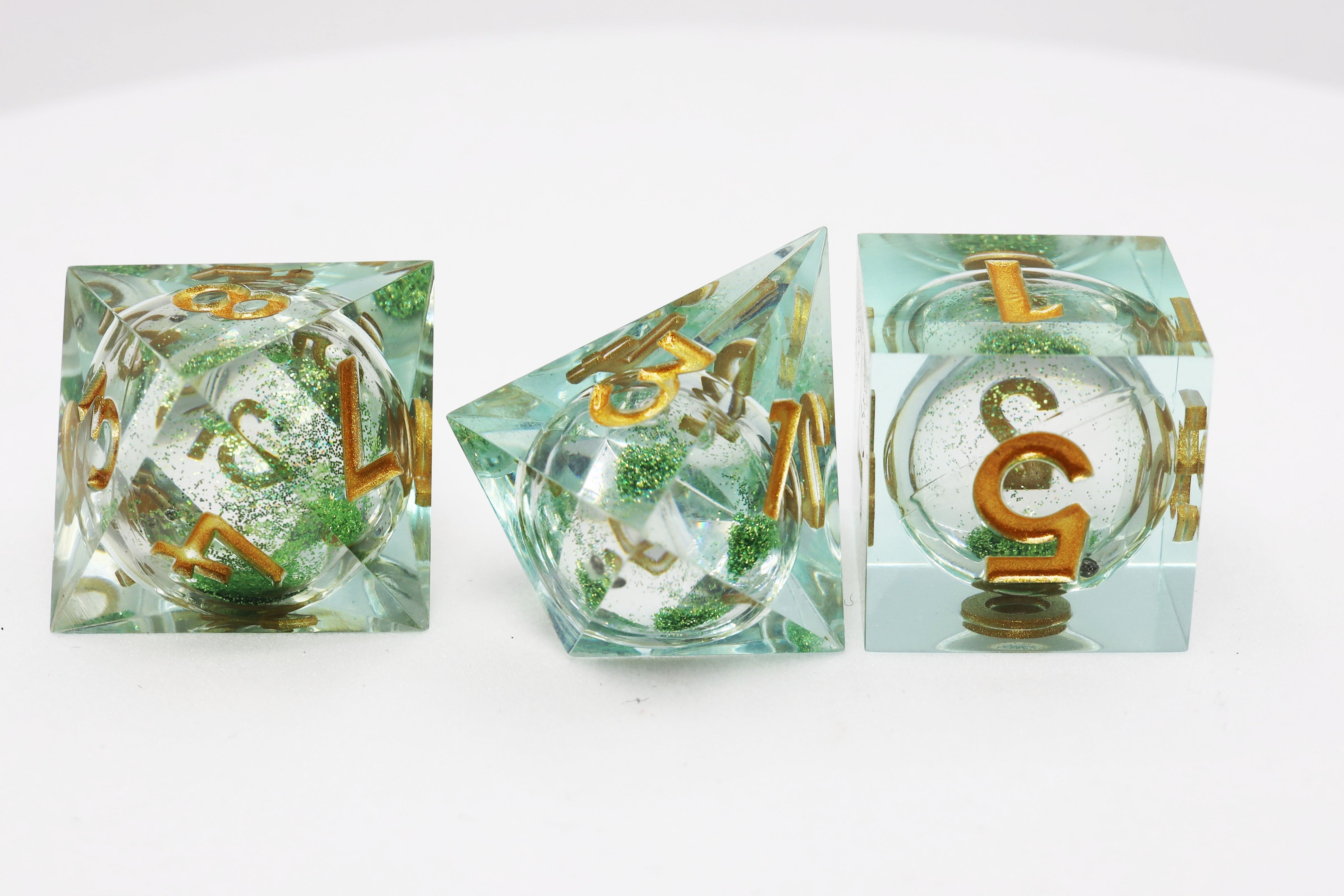 Mint Green Liquid Core Sharp Edge Resin RPG Dice Set Plastic Dice Foam Brain Games | D20 Games