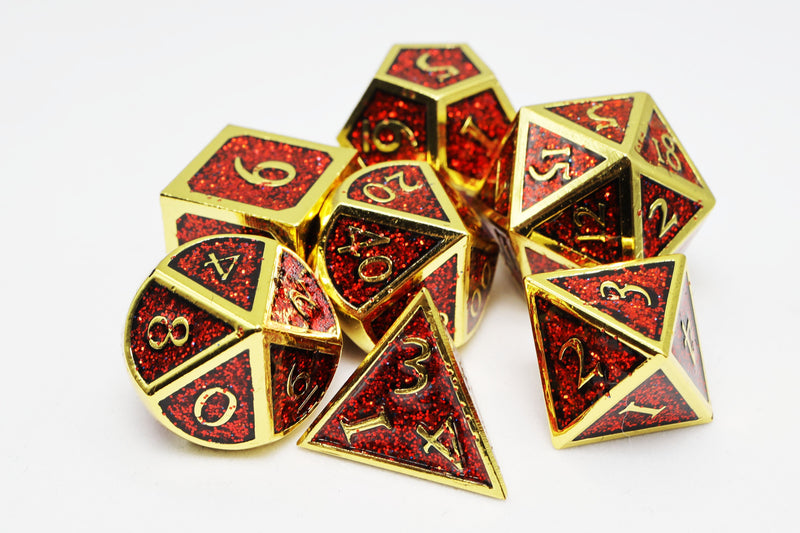Gold with Red Glitter RPG Dice Set Metal Dice Foam Brain Games
