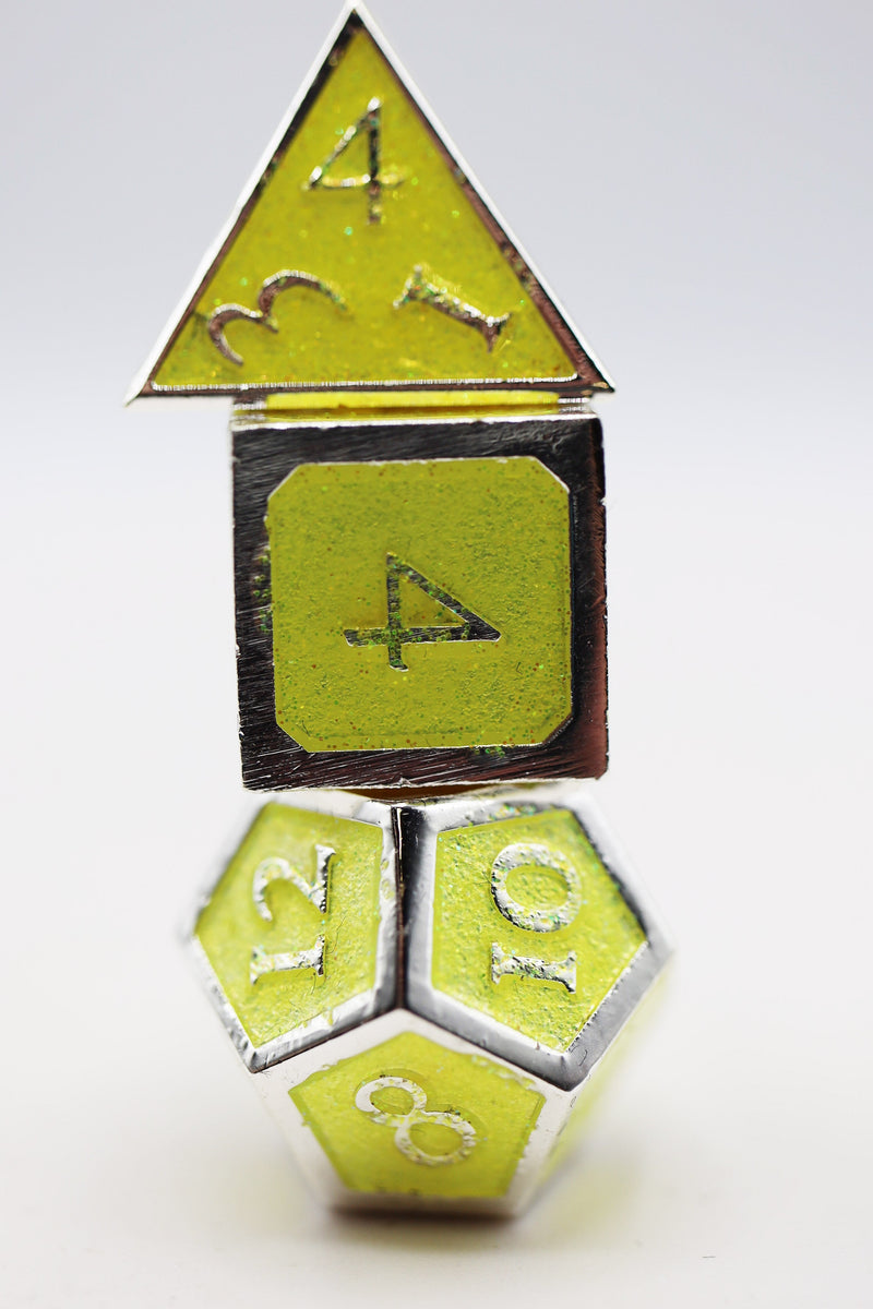 Silver with Citrine Glitter RPG Dice Set Metal Dice Cardboard Clothing