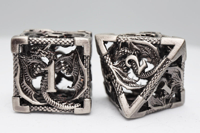 Chained Hollow Silver Dragon RPG Metal Dice Set Metal Dice Foam Brain Games