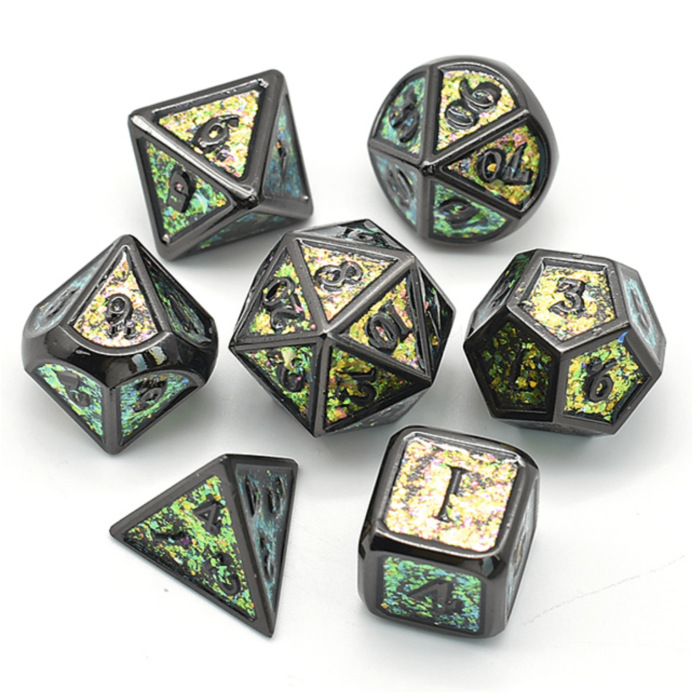 Color Shifting: Fields of Green Metal RPG Dice Set Metal Dice Foam Brain Games | D20 Games