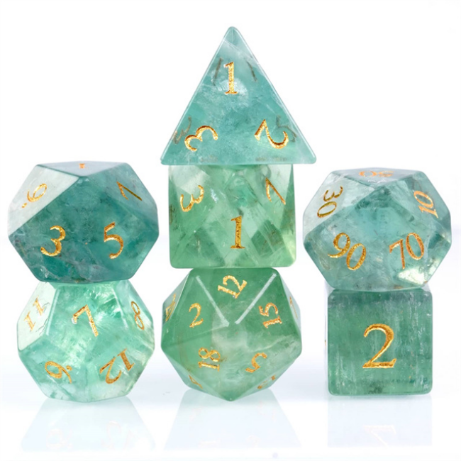 Green Amethyst Fluorite - Engraved with Gold RPG Dice Set