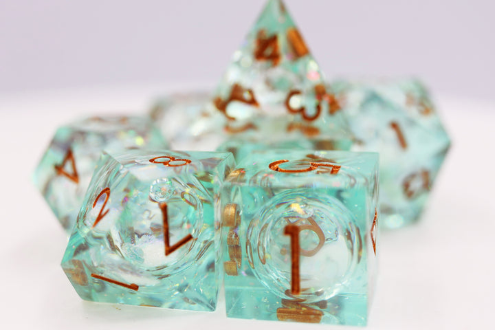 Green Liquid Core Sharp Edge Resin RPG Dice Set