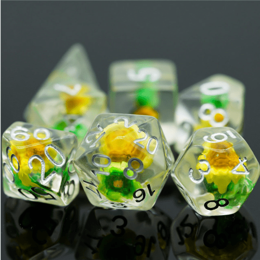 Green & Yellow Star Flower RPG Dice Set Plastic Dice Foam Brain Games