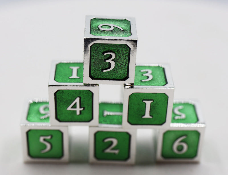 Green and Silver D6 Metal Dice Set Metal Dice Foam Brain Games