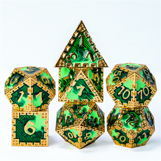 Hidden Dragon Gold & Green RPG Metal Dice Set Metal Dice Foam Brain Games