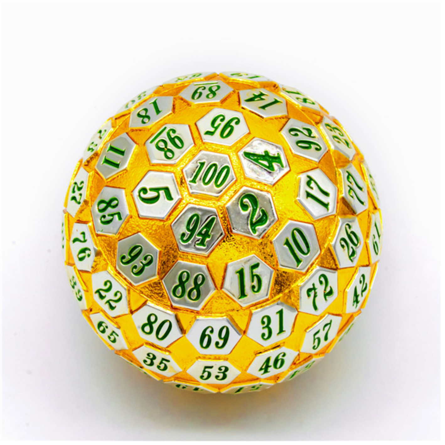 45mm Metal D100 - Gold & Silver with Green Metal Dice Foam Brain Games | D20 Games