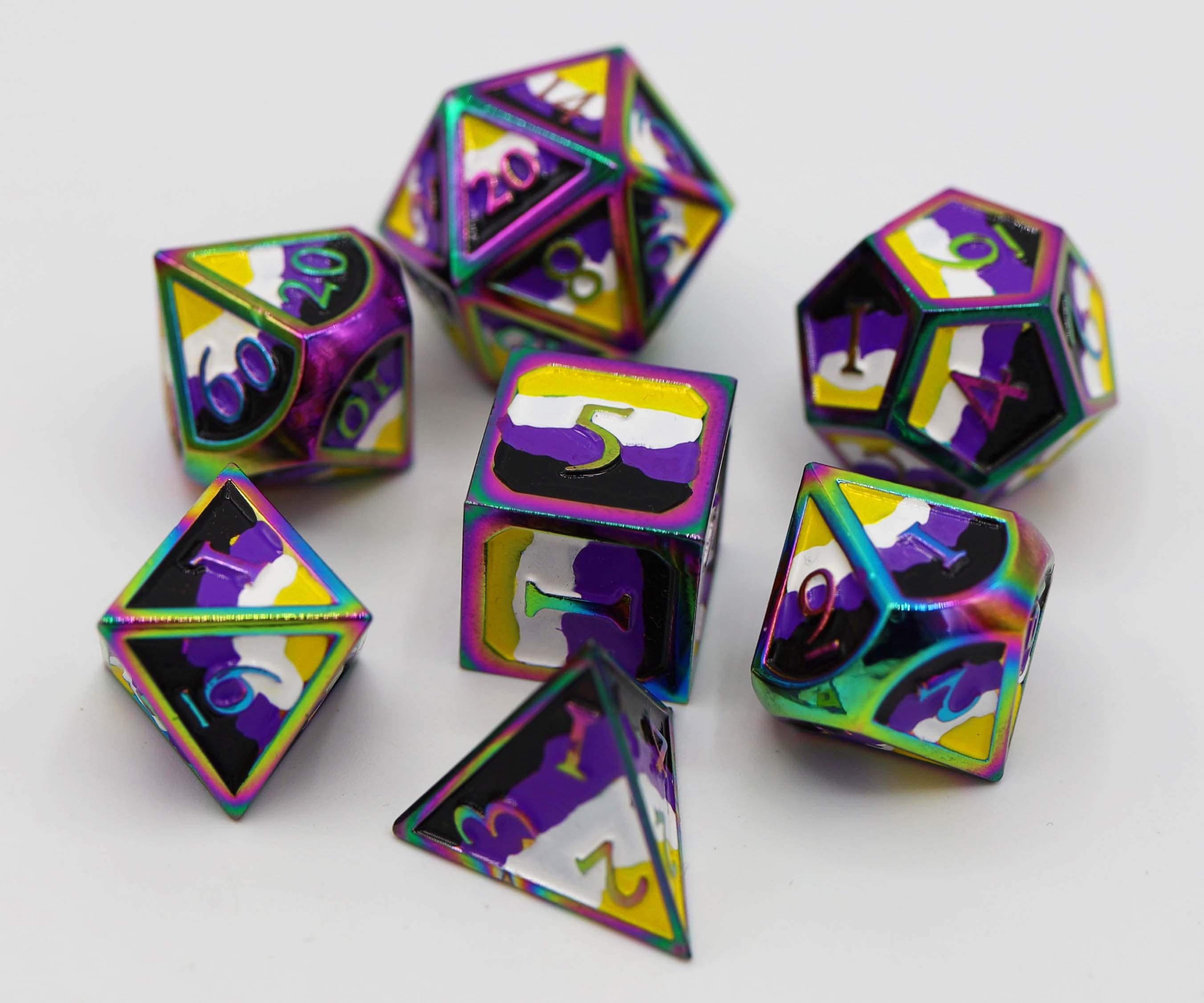 Non Binary Pride Flag - RPG Metal Dice Set Metal Dice Foam Brain Games | D20 Games