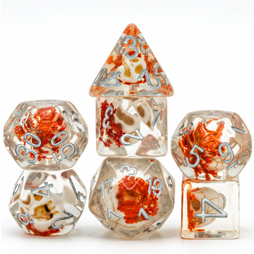 Orange Flower with White Skull RPG Dice Set Plastic Dice Foam Brain Games