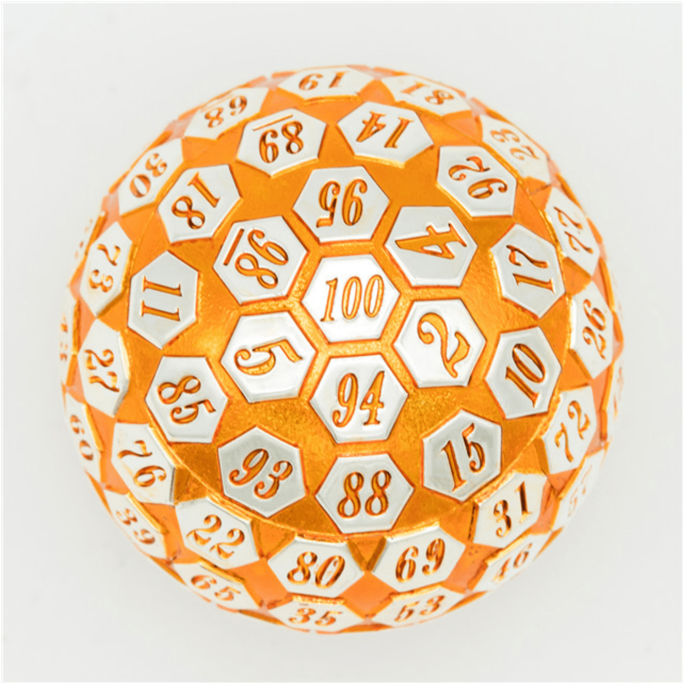 45mm Metal D100 - Orange and Silver Metal Dice Foam Brain Games | D20 Games