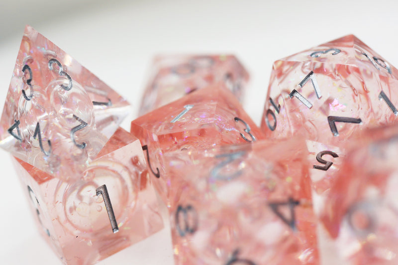 Pink Liquid Core Sharp Edge Resin RPG Dice Set Plastic Dice Foam Brain Games