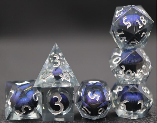 Purple Cyclops Sharp Edge Resin RPG Dice Set Plastic Dice Foam Brain Games
