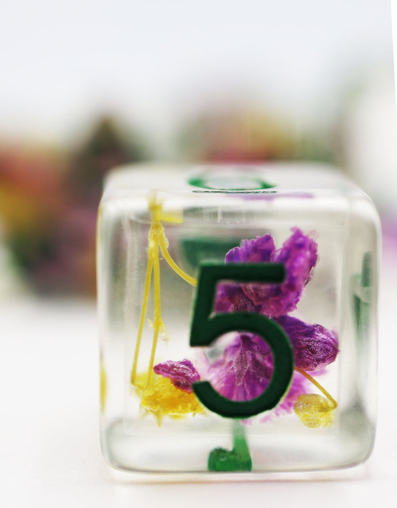 Purple & Yellow Flowers RPG Dice Set Plastic Dice Foam Brain Games