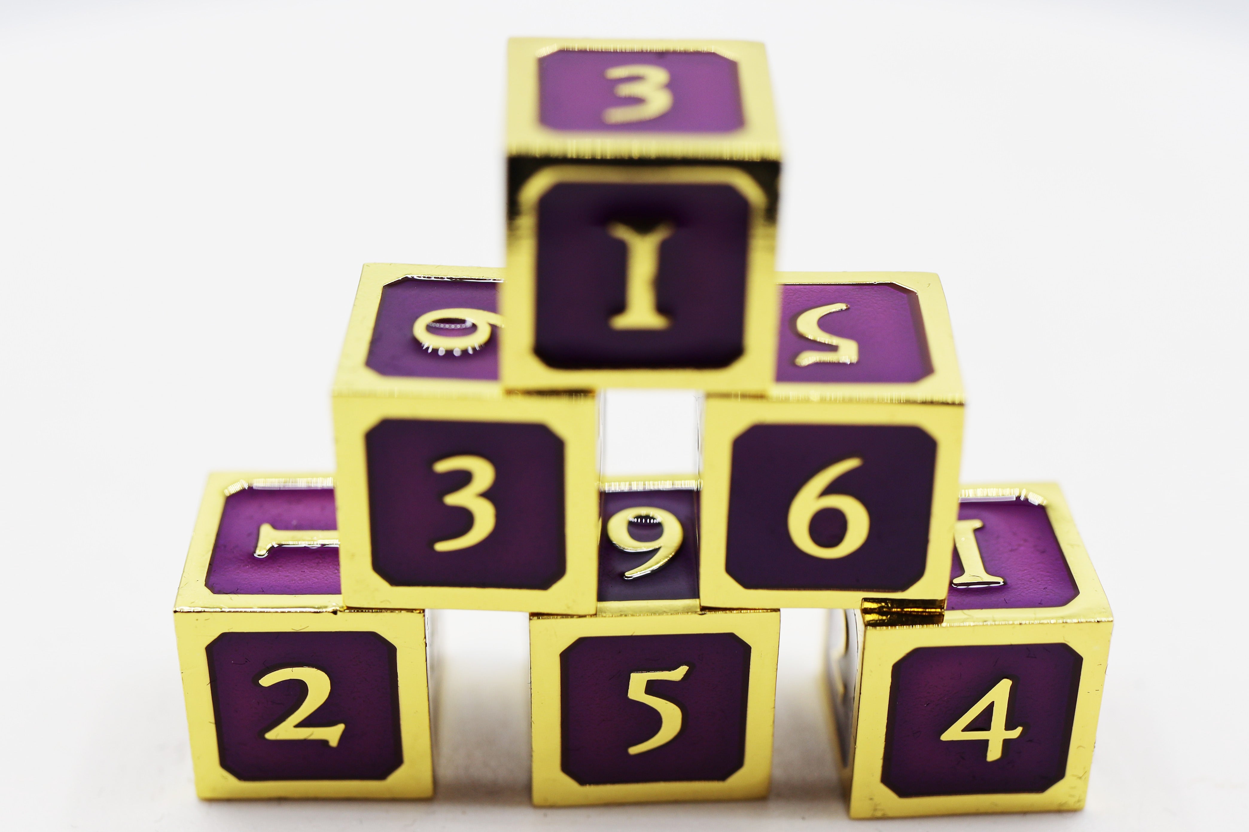 Purple and Gold D6 Metal Dice Set Metal Dice Foam Brain Games | D20 Games
