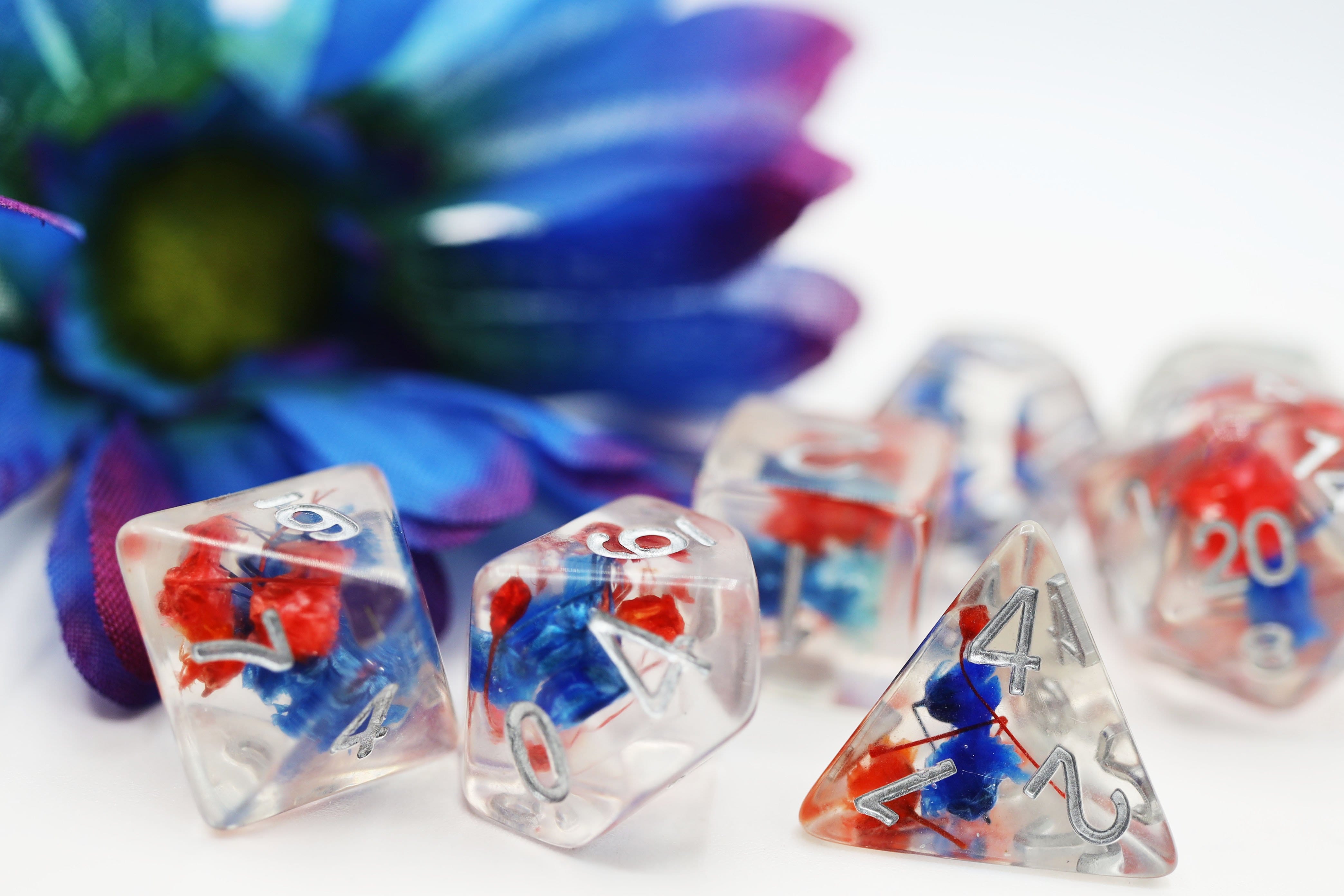 Red & Blue Flower RPG Dice Set Plastic Dice Foam Brain Games | D20 Games