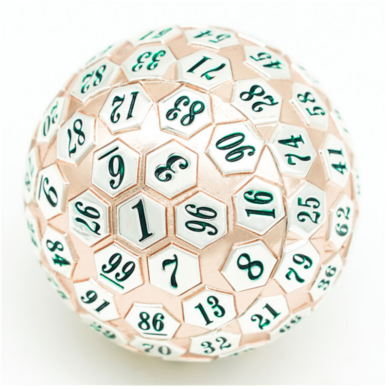 45mm Metal D100 - Rose Gold and Silver Metal Dice Foam Brain Games