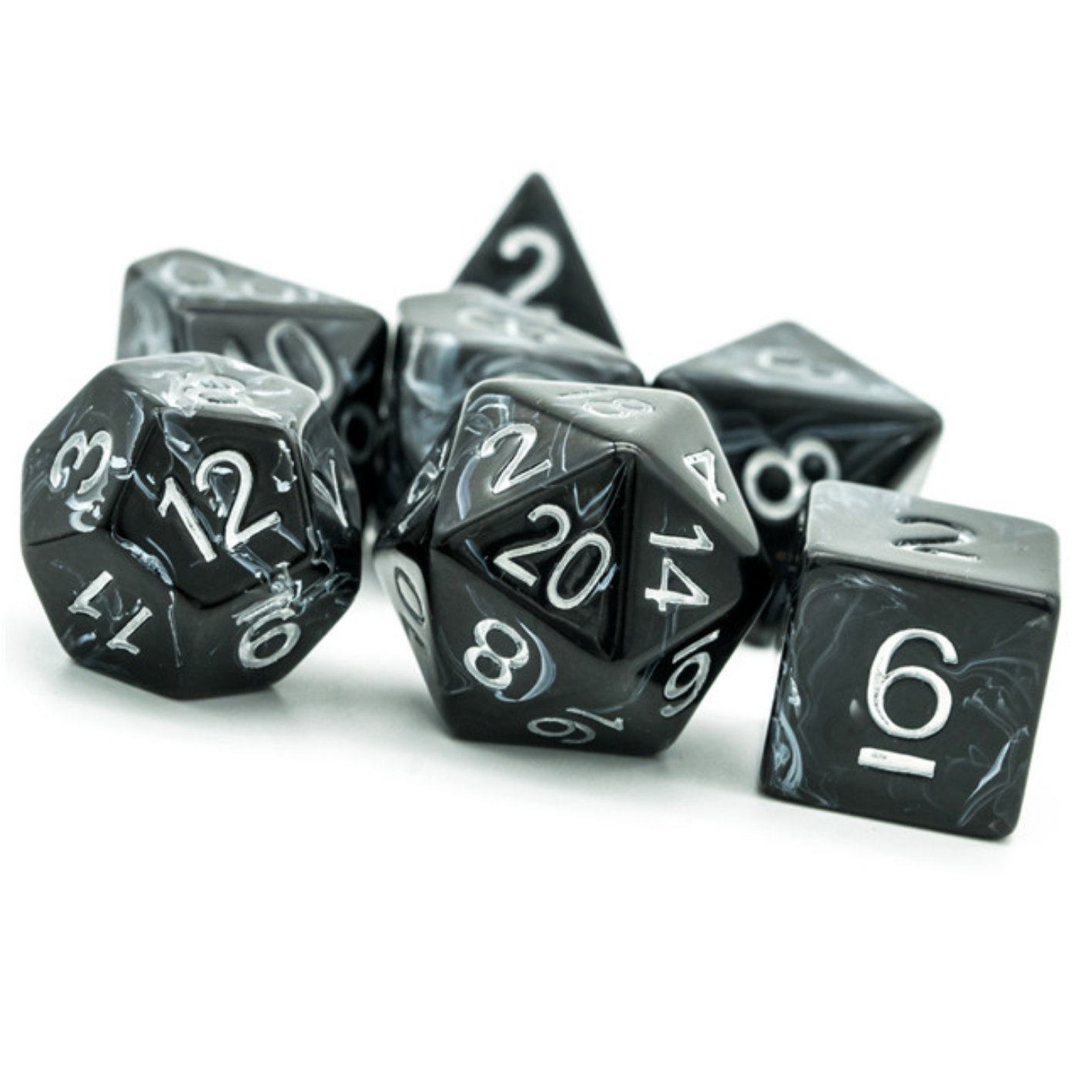 Black Brushed White Silk RPG Dice Set Plastic Dice Foam Brain Games | D20 Games