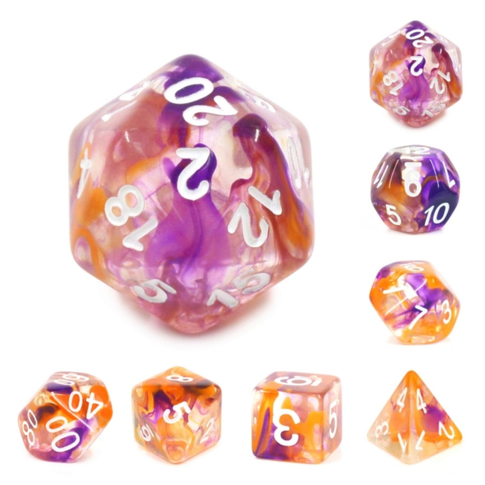 Purple & Orange Swirl Dice RPG Dice Set Plastic Dice Foam Brain Games | D20 Games