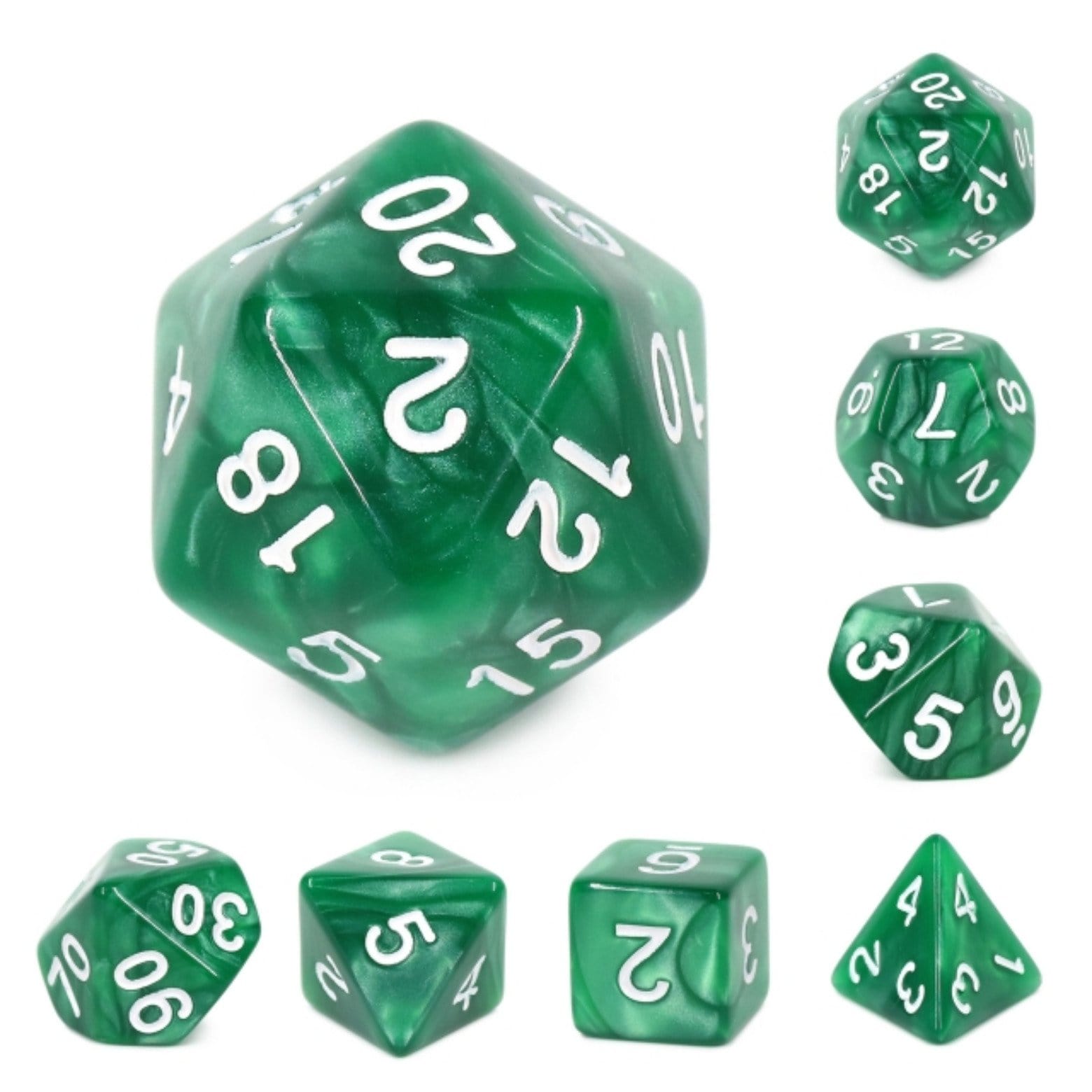 Green Pearl with Silver RPG Dice Set Plastic Dice Foam Brain Games | D20 Games