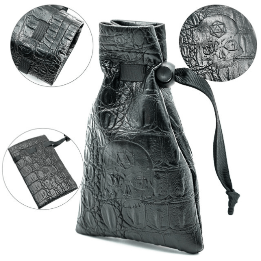 Black Leatherette Dice Bag with Skull Dice Box Foam Brain Games | D20 Games