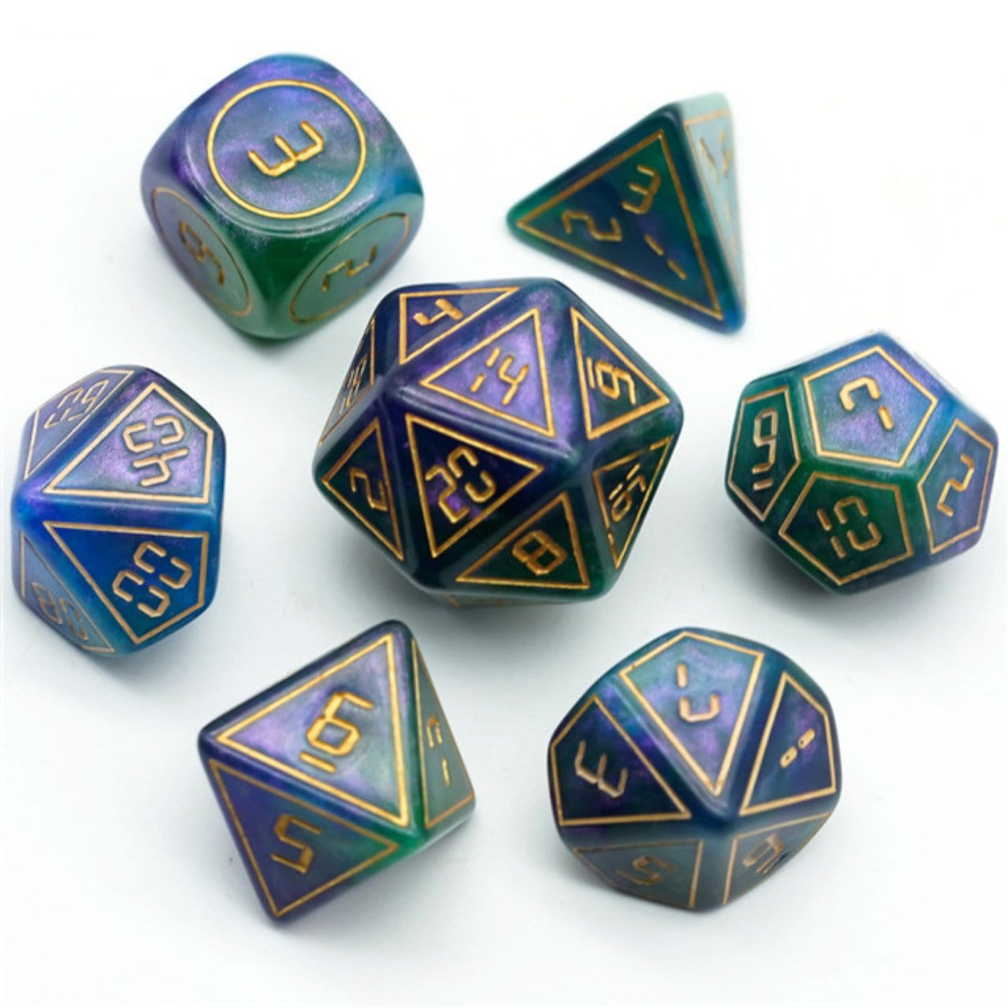 Cybernated Purple & Green RPG Dice Set - XLarge Plastic Dice Foam Brain Games | D20 Games