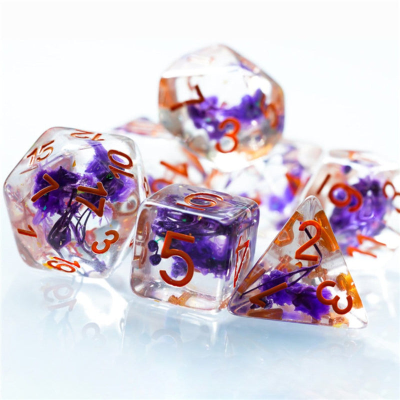Purple Flowers RPG Dice Set Plastic Dice Foam Brain Games