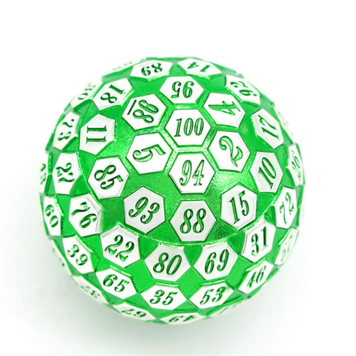 45mm Metal D100 - Green and Silver Metal Dice Foam Brain Games | D20 Games