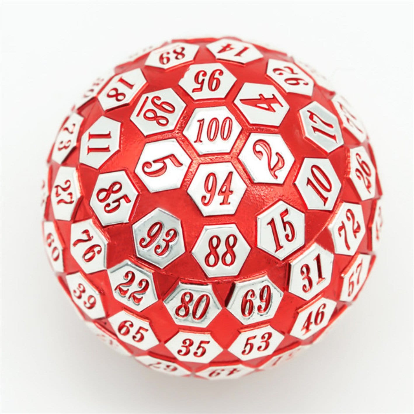 45mm Metal D100 - Red and Silver Metal Dice Foam Brain Games | D20 Games