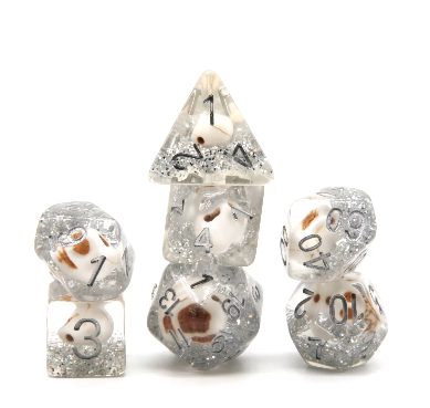 Skull and Silver Glitter RPG Dice Set Plastic Dice Foam Brain Games | D20 Games