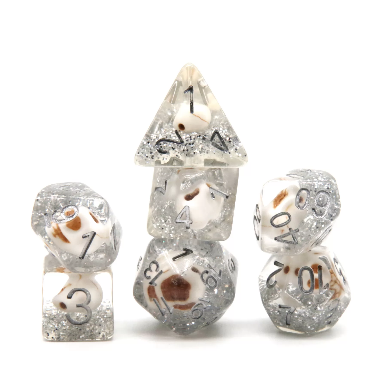 Skull and Silver Glitter RPG Dice Set Plastic Dice Foam Brain Games