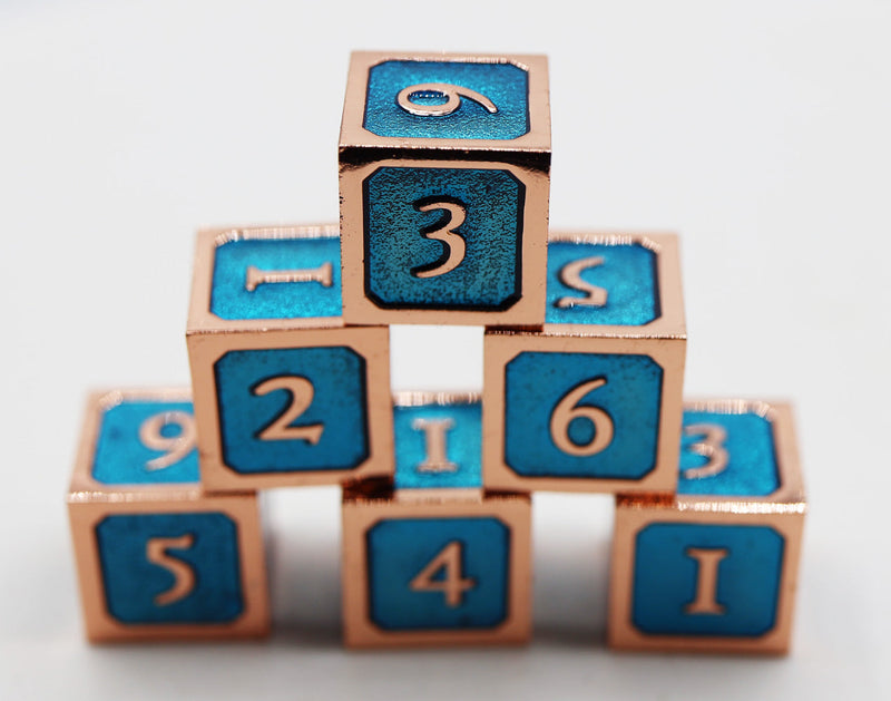 Blue and Copper D6 Metal Dice Set Metal Dice Foam Brain Games