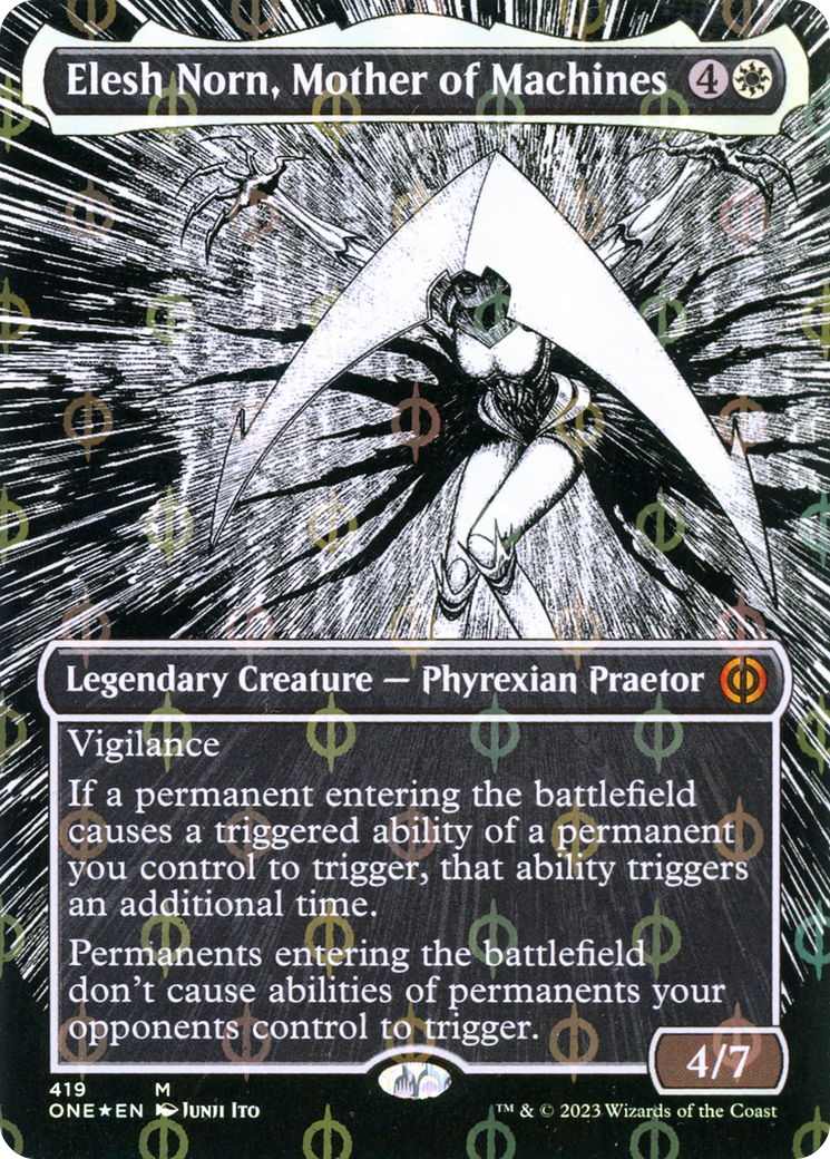 Elesh Norn, Mother of Machines (Borderless Manga Step-and-Compleat Foil) [Phyrexia: All Will Be One] | D20 Games