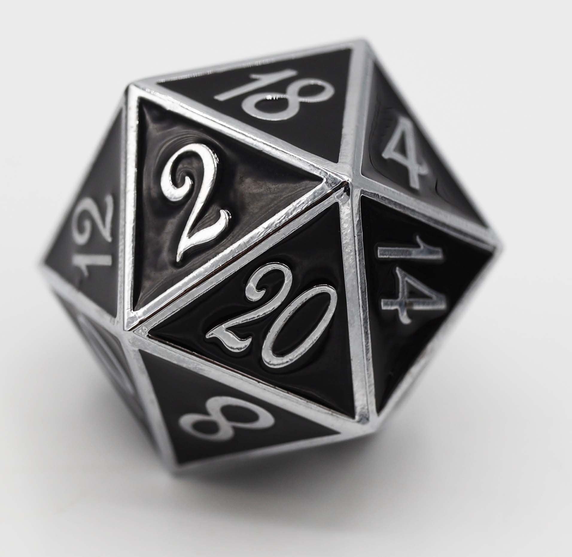 D20 Silver with Onyx - 35mm Extra Large Metal Dice Foam Brain Games | D20 Games