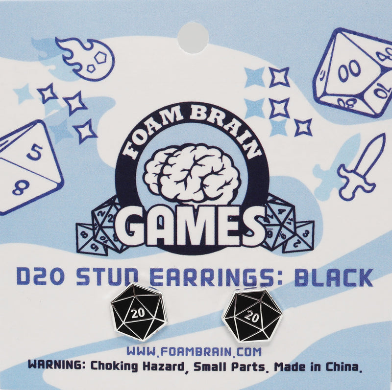 D20 Stud Earrings: Black  Foam Brain Games