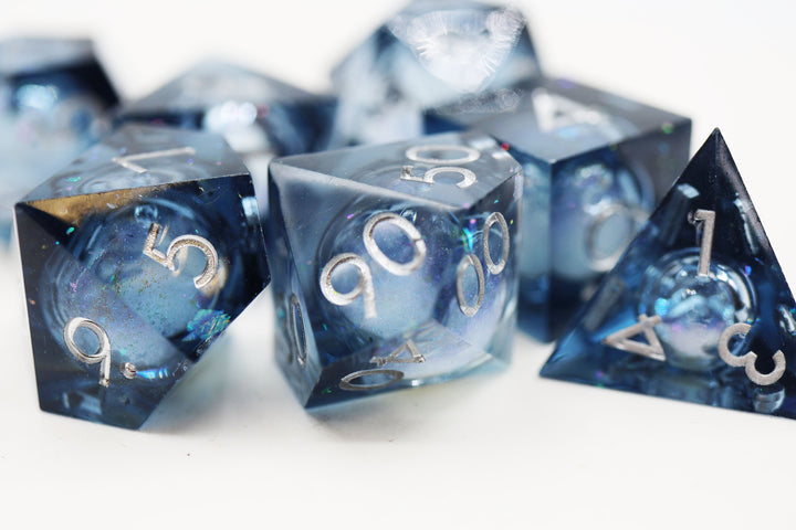 Blue Liquid Core Sharp Edge Resin RPG Dice Set