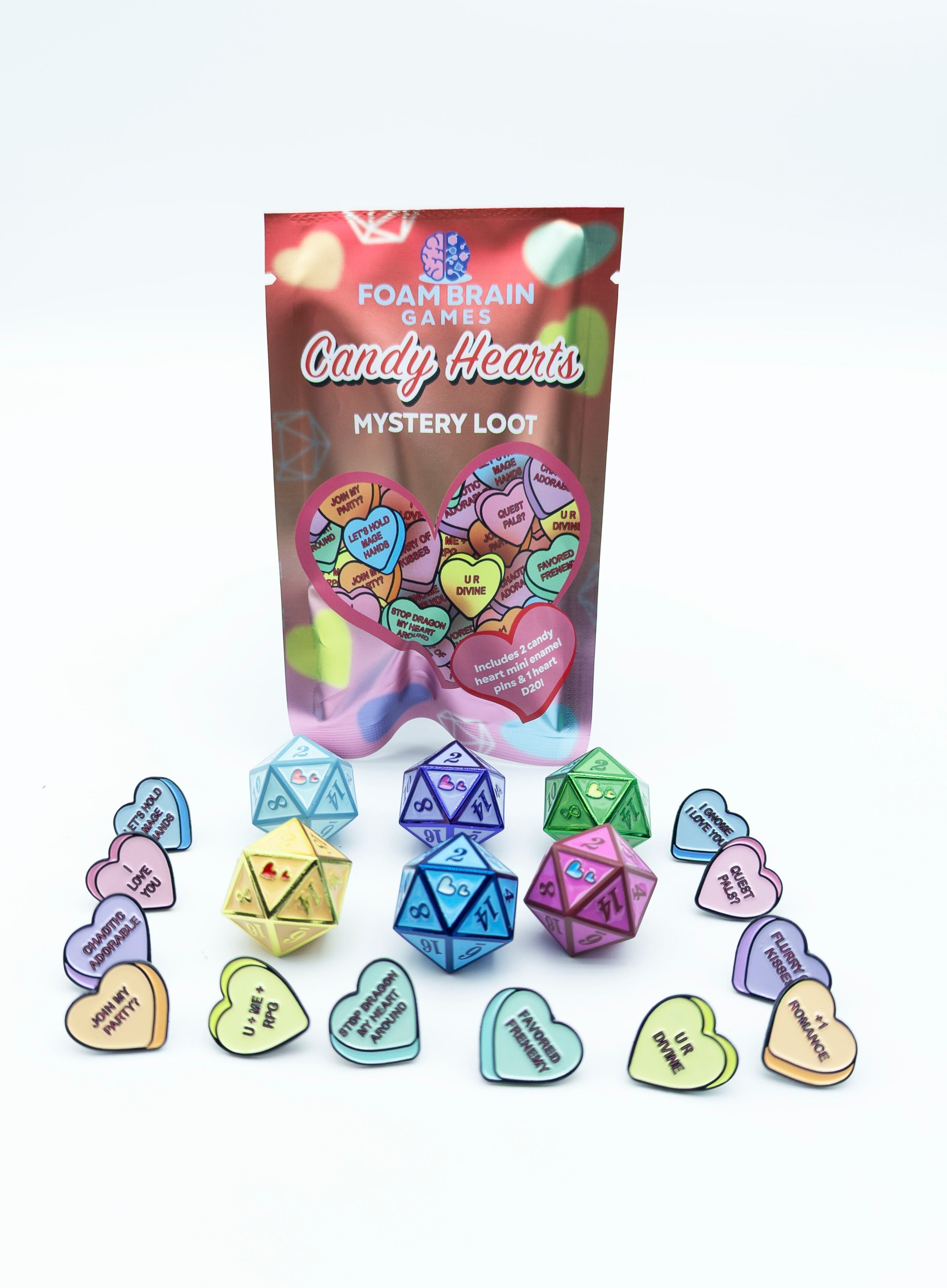 Mystery Loot: Candy Hearts 2 Metal Dice Foam Brain Games | D20 Games